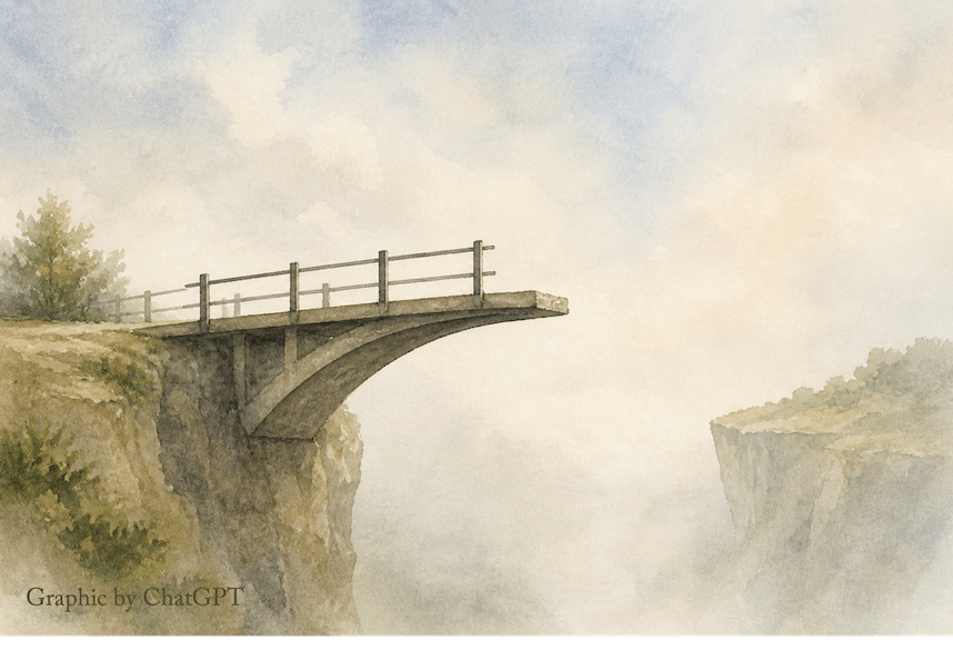 Painting of a bridge that stops midway over a valley