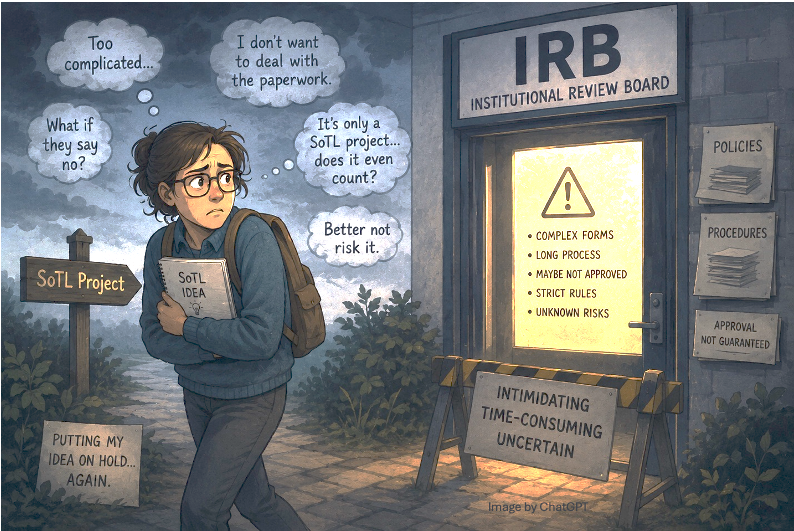 ChatGPT-generated image of a person looking afraid outside of an IRB office, with lots of worries in thought bubbles