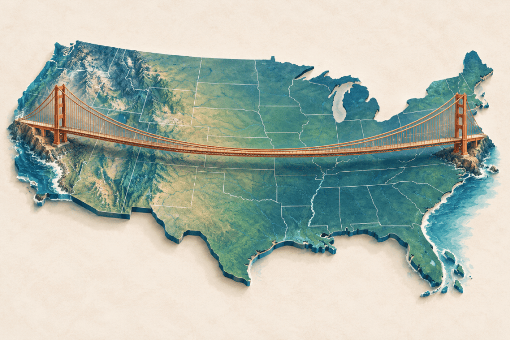 Outline of a map of the United States with a bridge spanning the country from west to east coasts. 
